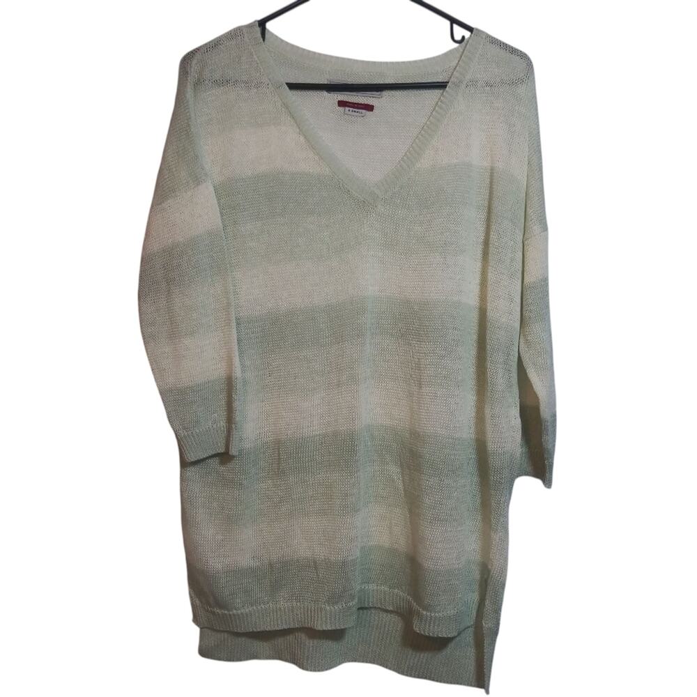 The Field Made In Peru Linen Knit Mint Striped Tunic 3/4 Sleeve Sweater Sz XS